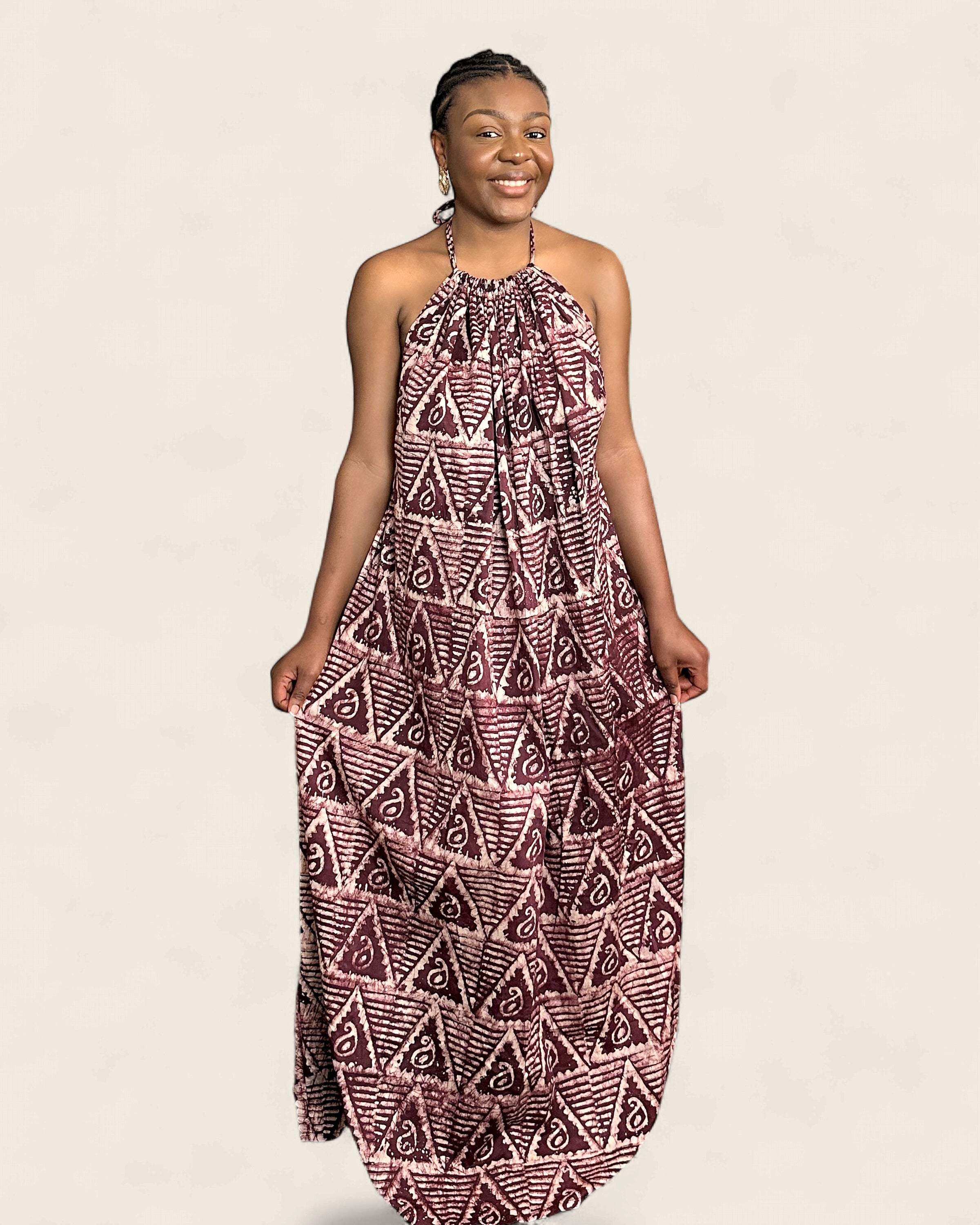 Alara Amaranth — Wine — adire halter maxi dress in hand-dyed Adire, L'atelier KaAy