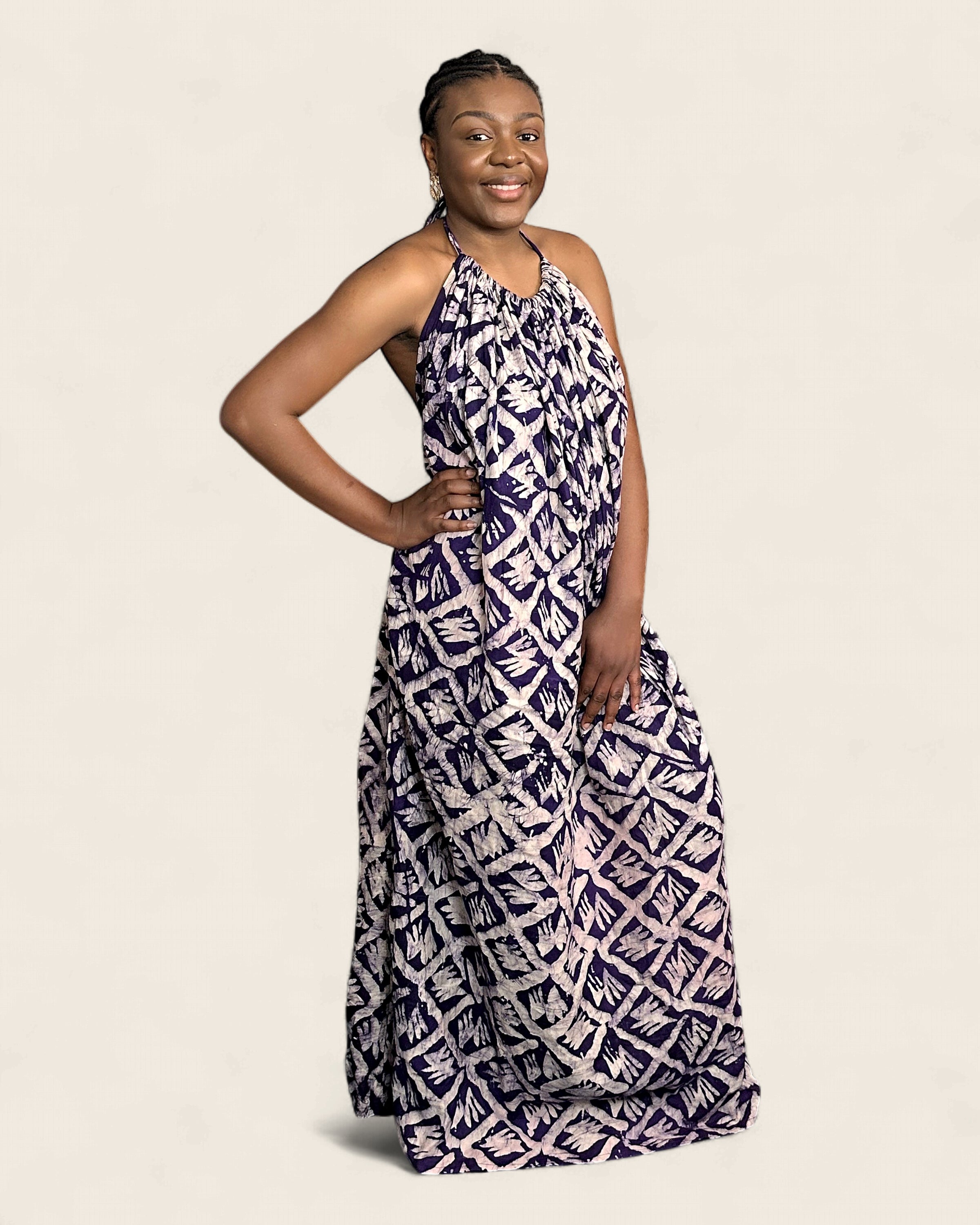 Alara Amethyst — Mauve — adire halter maxi dress in hand-dyed Adire, L'atelier KaAy
