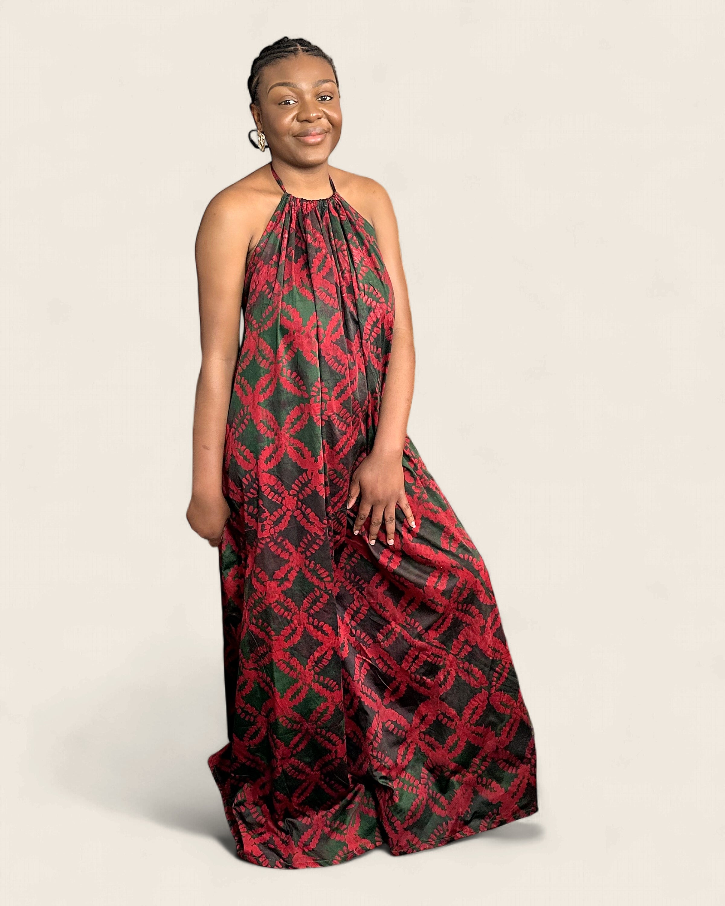 Alara Kola — Crimson — adire halter maxi dress in hand-dyed Adire, L'atelier KaAy
