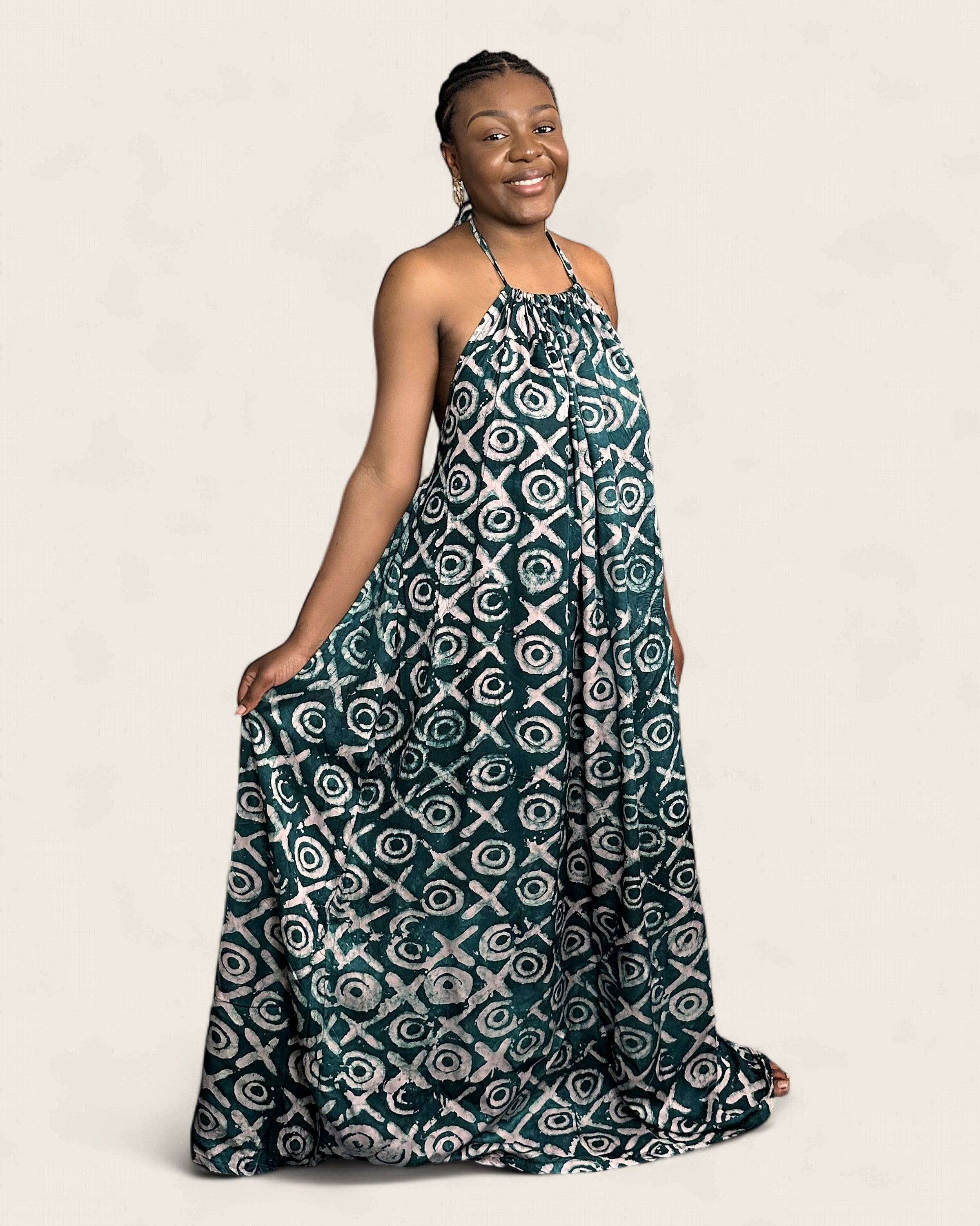 Alara Lagoon — Teal — adire halter maxi dress in hand-dyed Adire, L'atelier KaAy