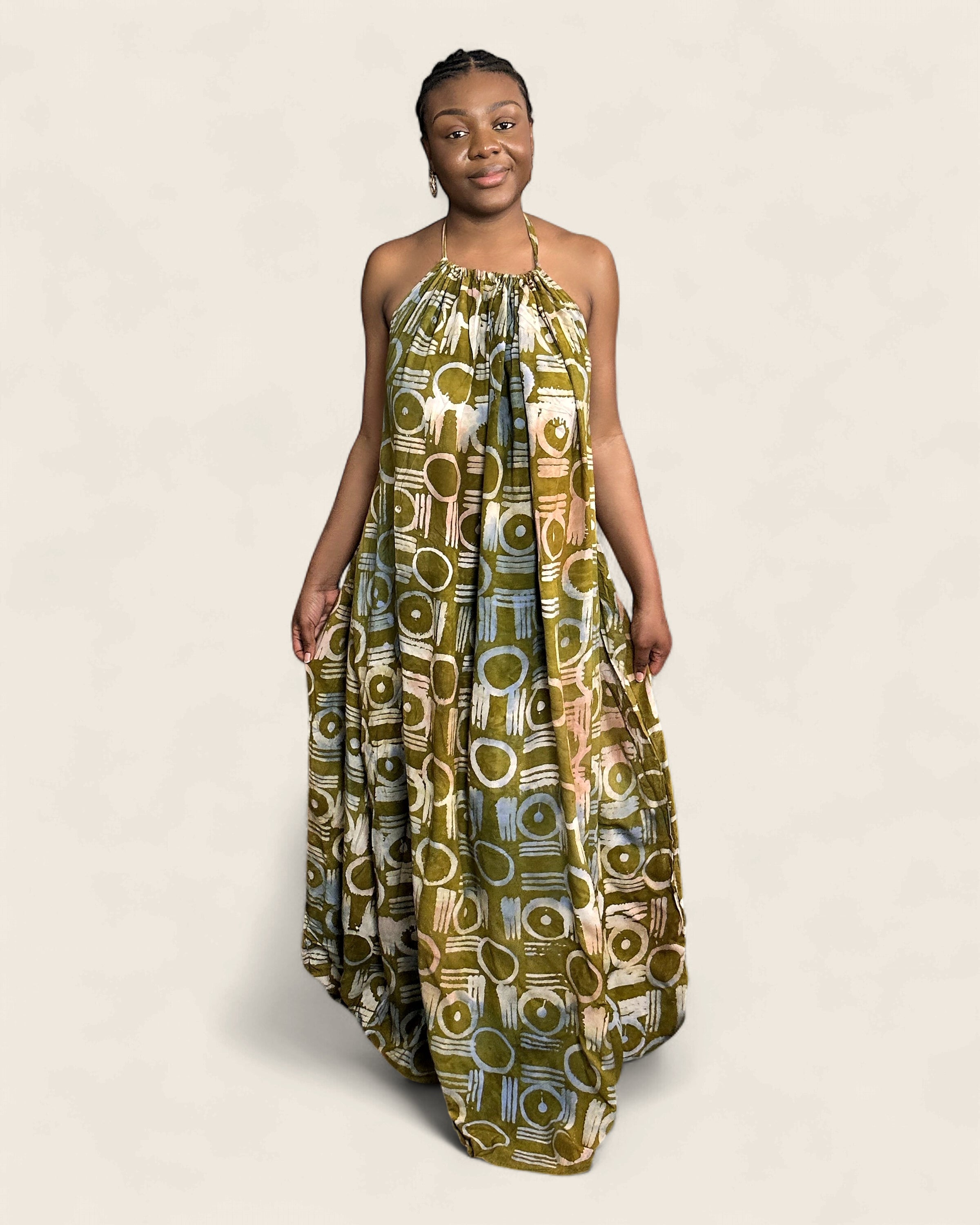 Alara Moringa — Forest Green — adire halter maxi dress in hand-dyed Adire, L'atelier KaAy