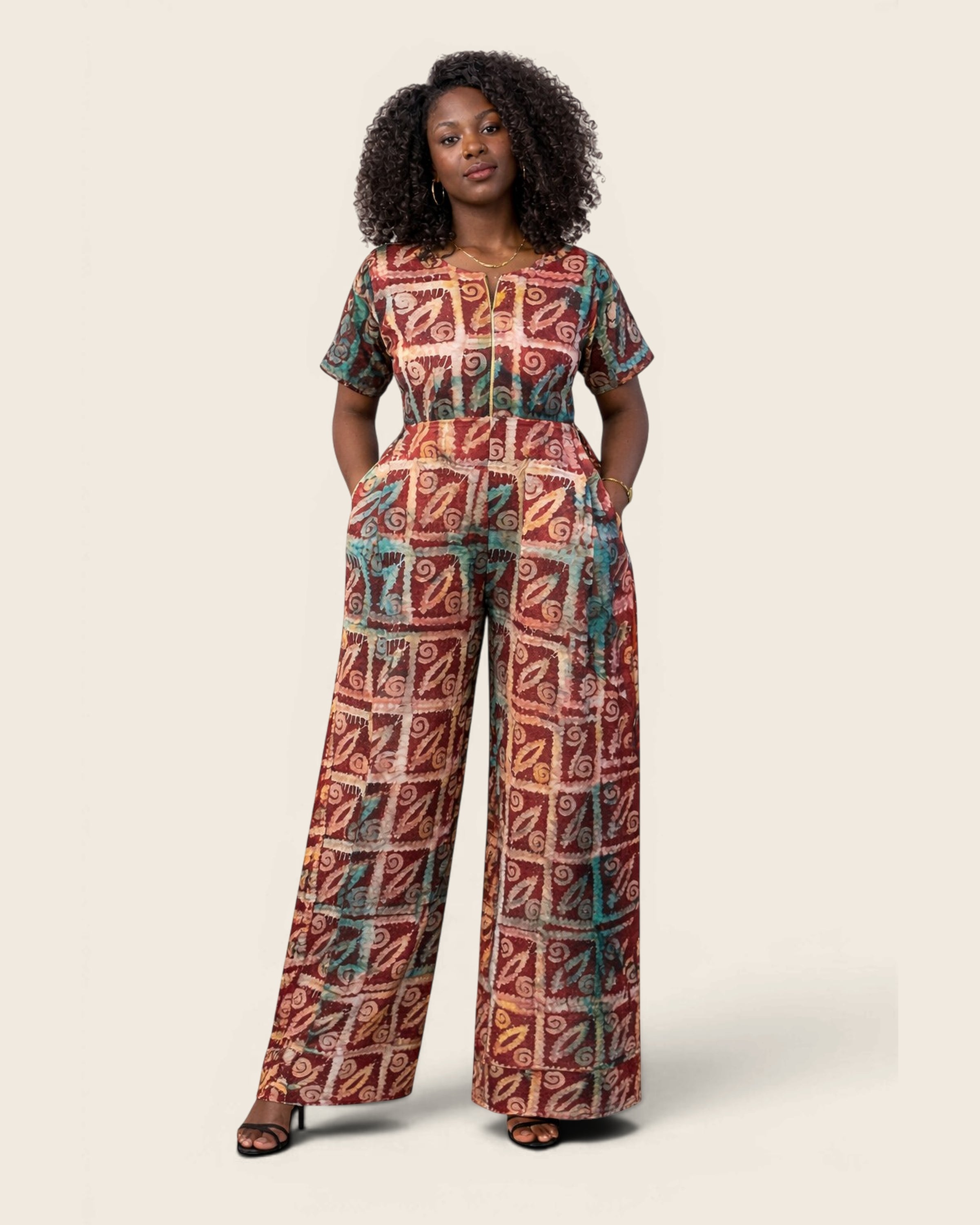 Amani African african jumpsuit — hand-dyed Adire, front view, L'atelier KaAy