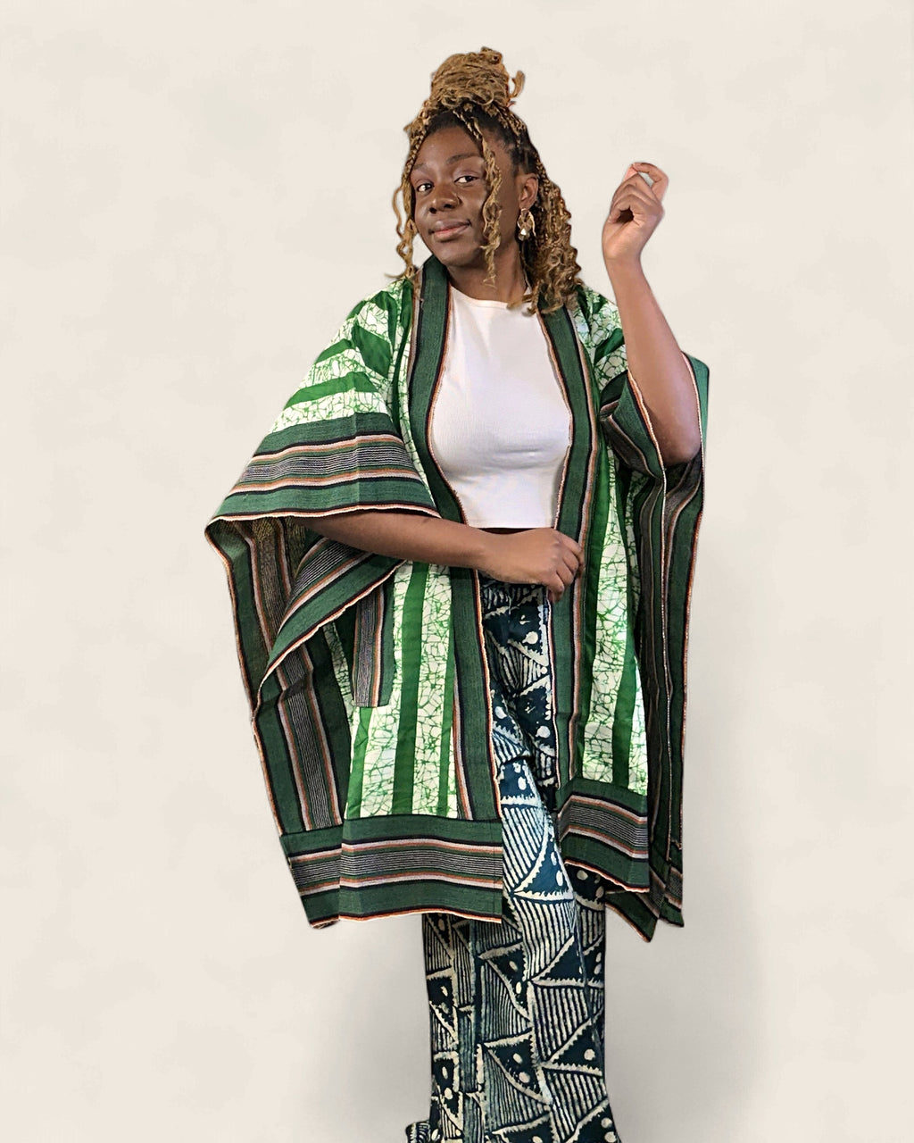 Amara African adire kimono robe — hand-dyed Adire, front view, L'atelier KaAy
