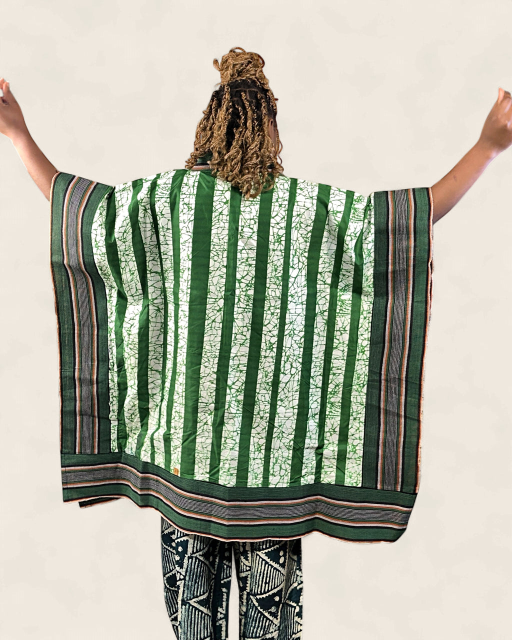 Amara African adire kimono robe — hand-dyed Adire, styling on model, L'atelier KaAy