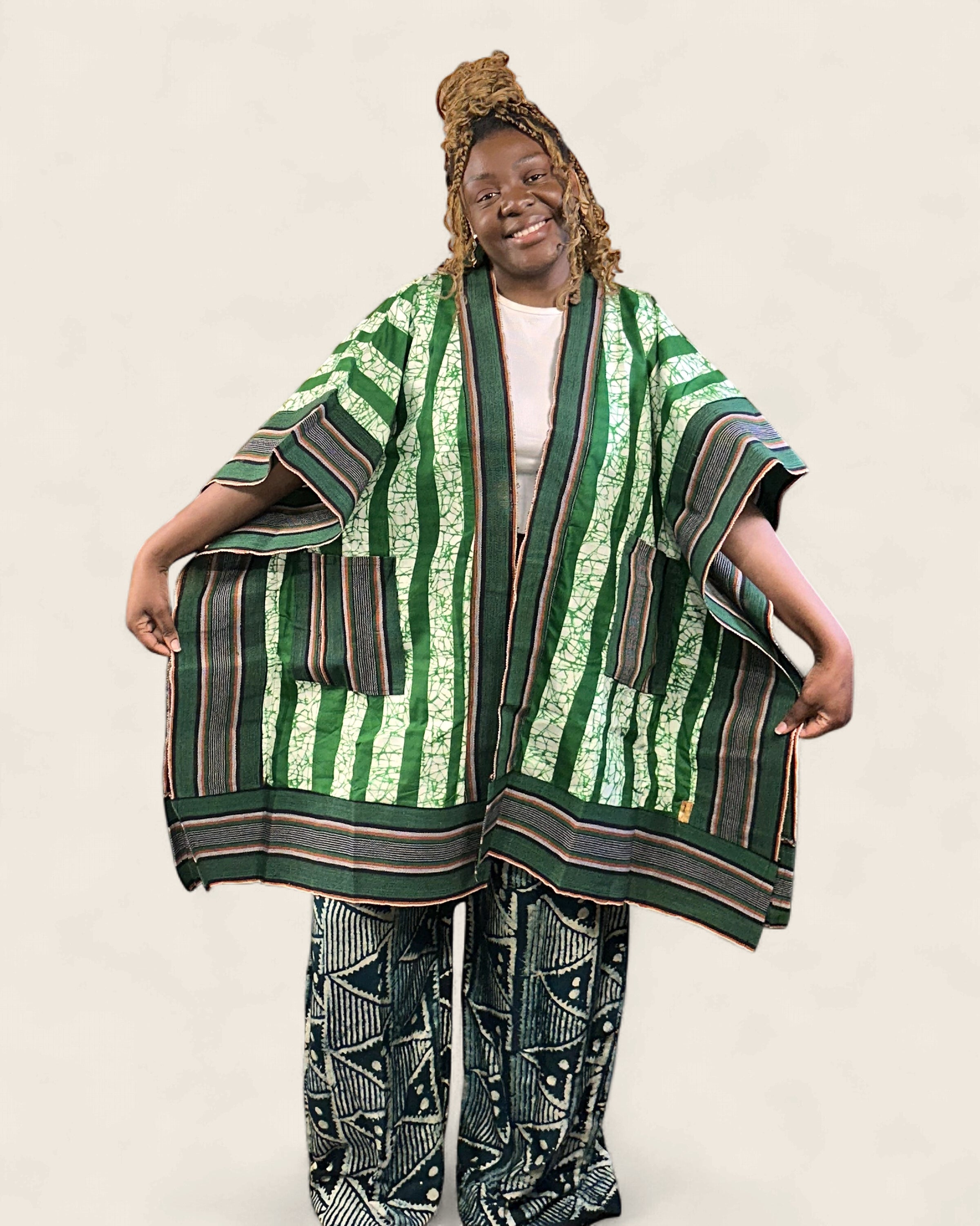 Amara African adire kimono robe — hand-dyed Adire, fabric detail, L'atelier KaAy