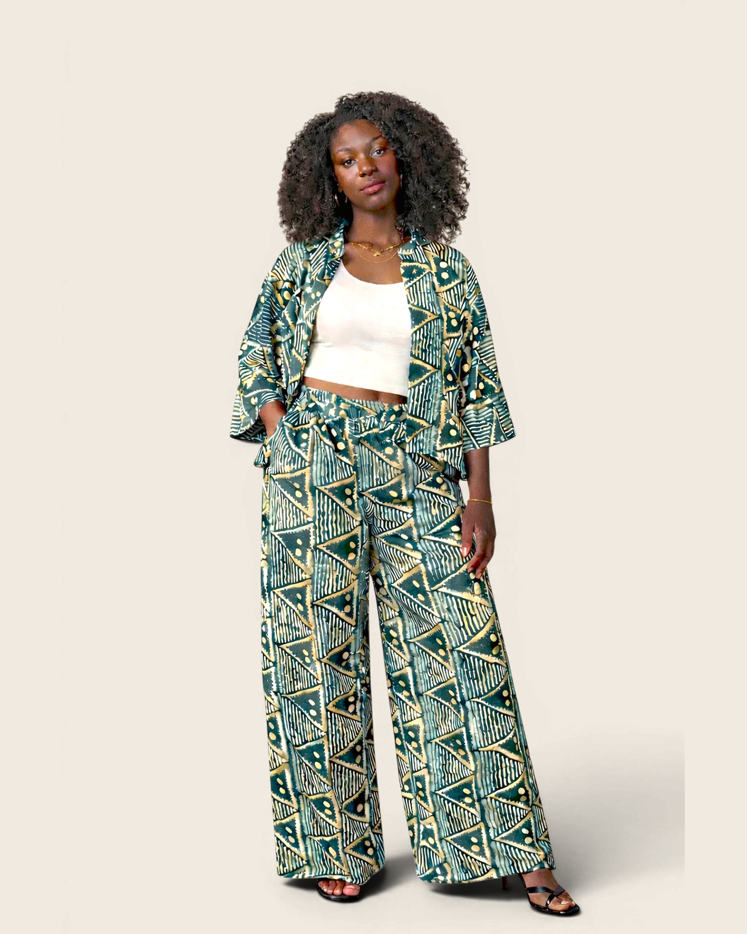 Tola African Adire kimono set — hand-dyed Adire, front view, L'atelier KaAy