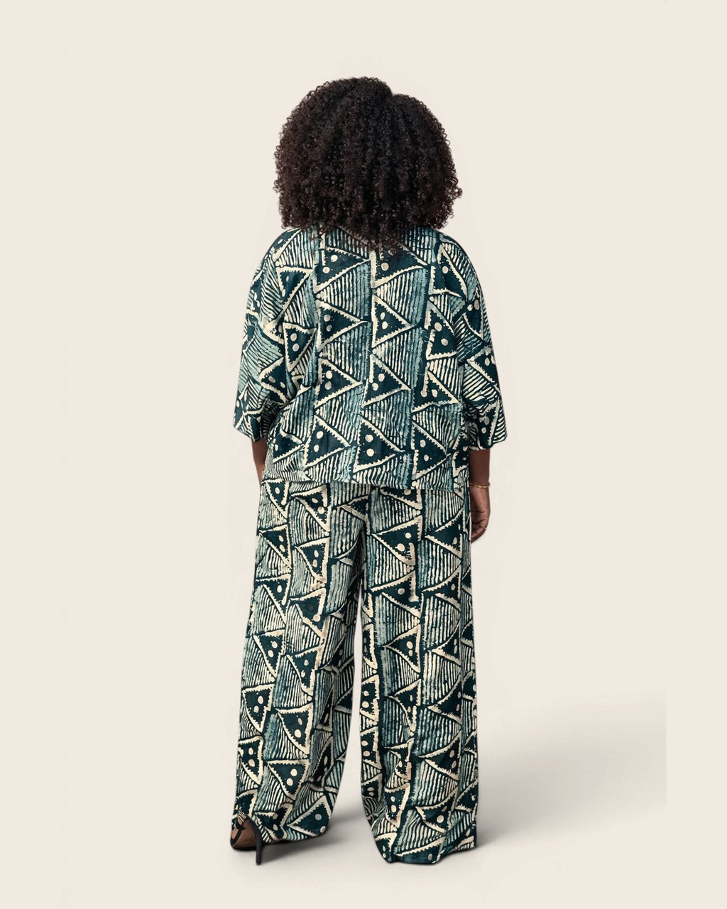 Tola African Adire kimono set — hand-dyed Adire, styling on model, L'atelier KaAy
