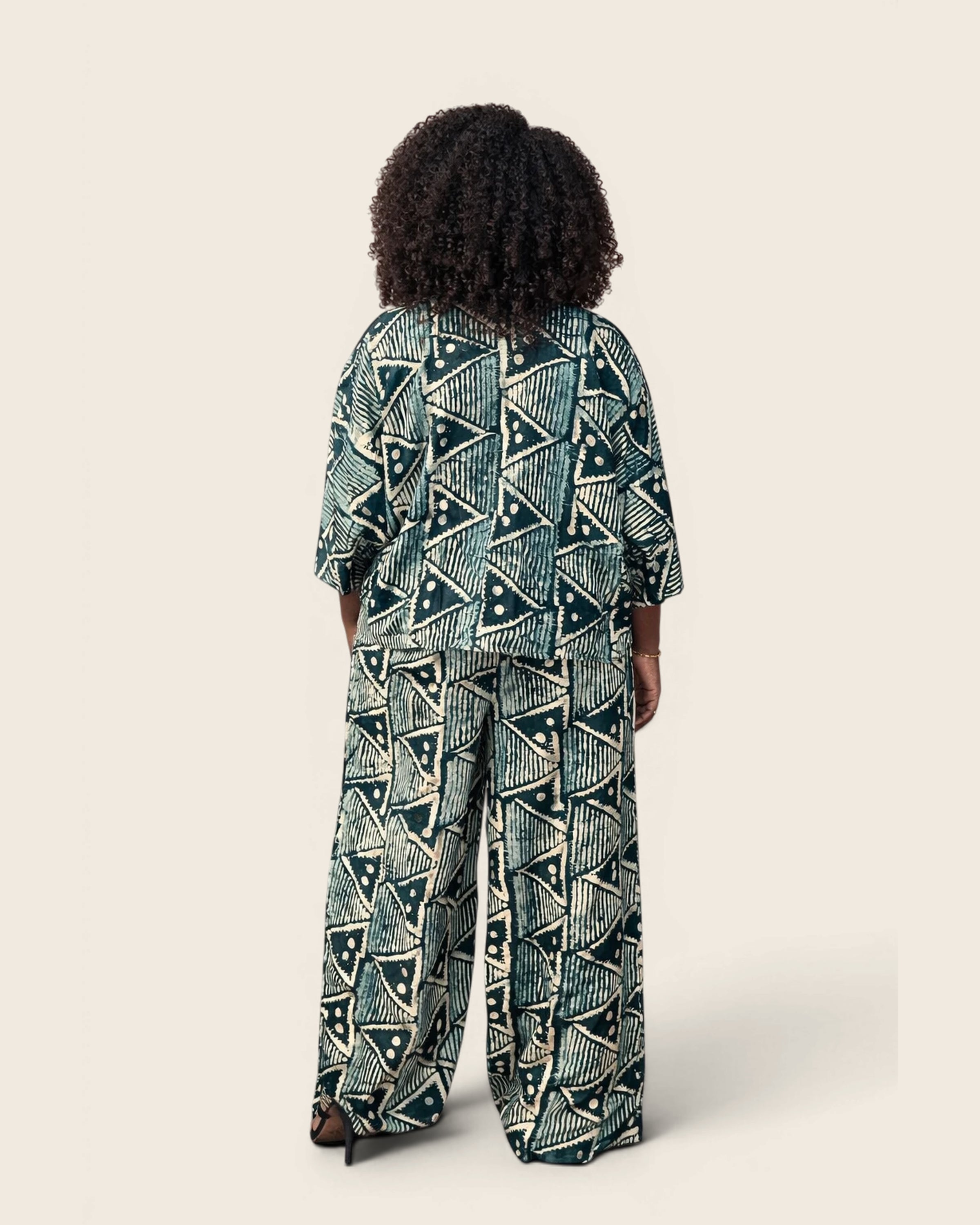 Tola African Adire kimono set — hand-dyed Adire, styling on model, L'atelier KaAy