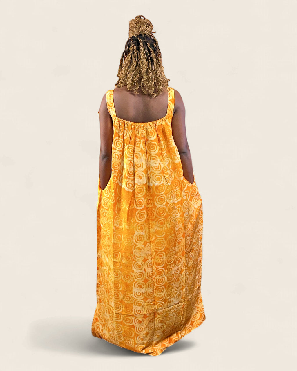 Zaria African african maxi dress — hand-dyed Adire, styling on model, L'atelier KaAy