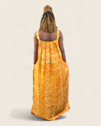 Zaria African african maxi dress — hand-dyed Adire, styling on model, L'atelier KaAy