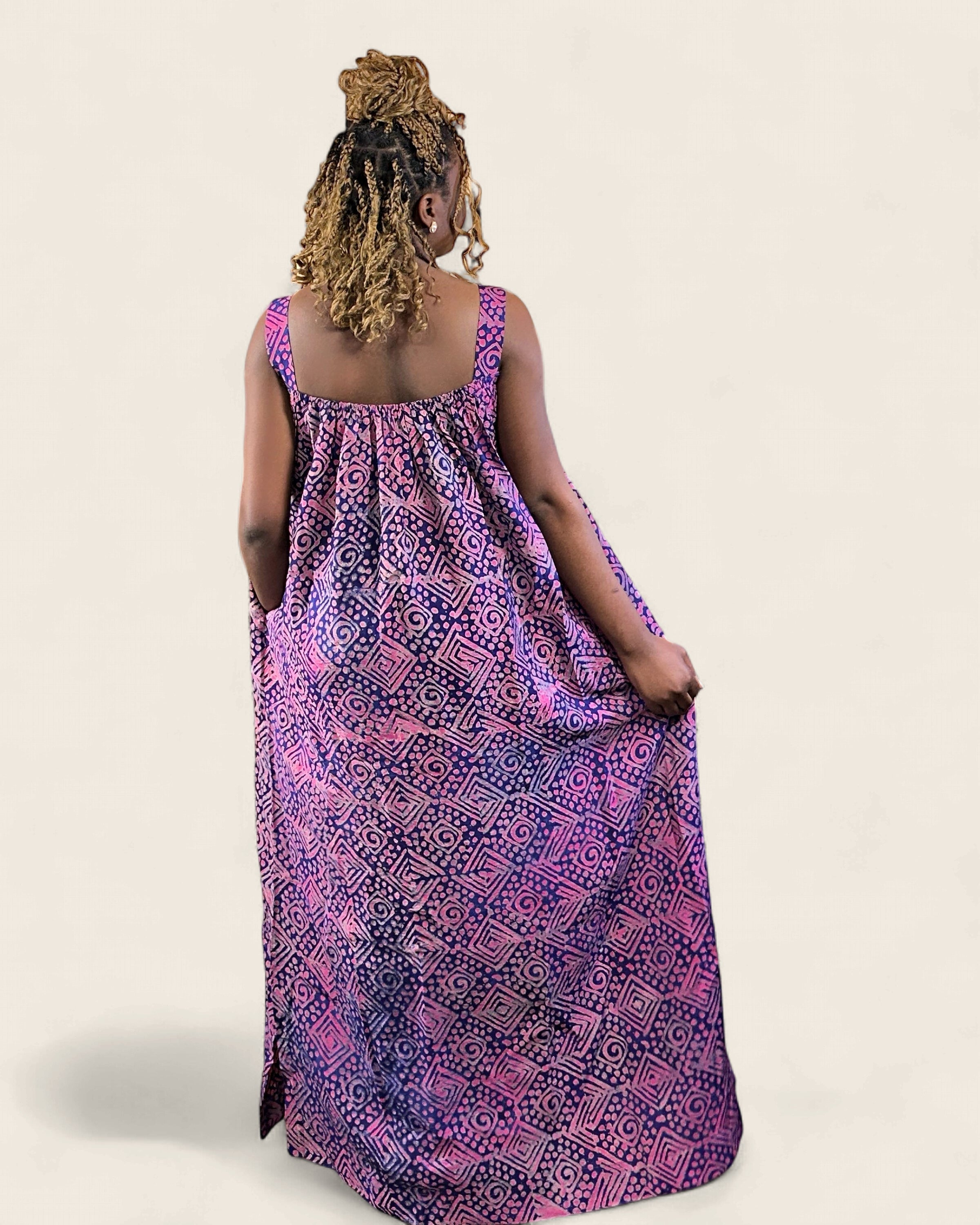 Zaria African african maxi dress — hand-dyed Adire, editorial lookbook, L'atelier KaAy
