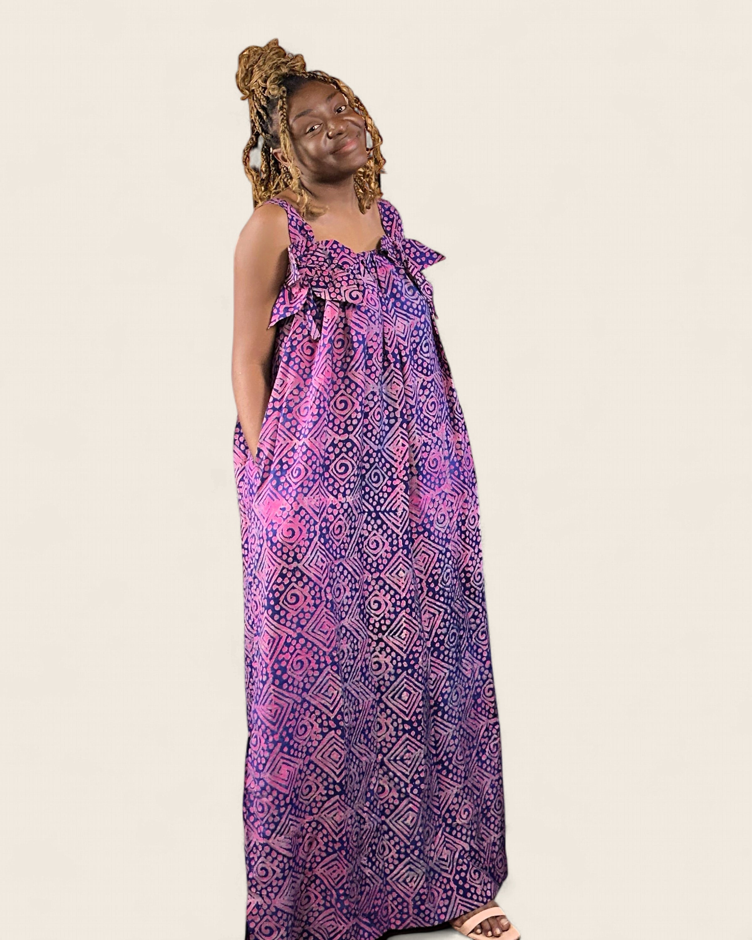 Zaria African african maxi dress — hand-dyed Adire, motion shot, L'atelier KaAy
