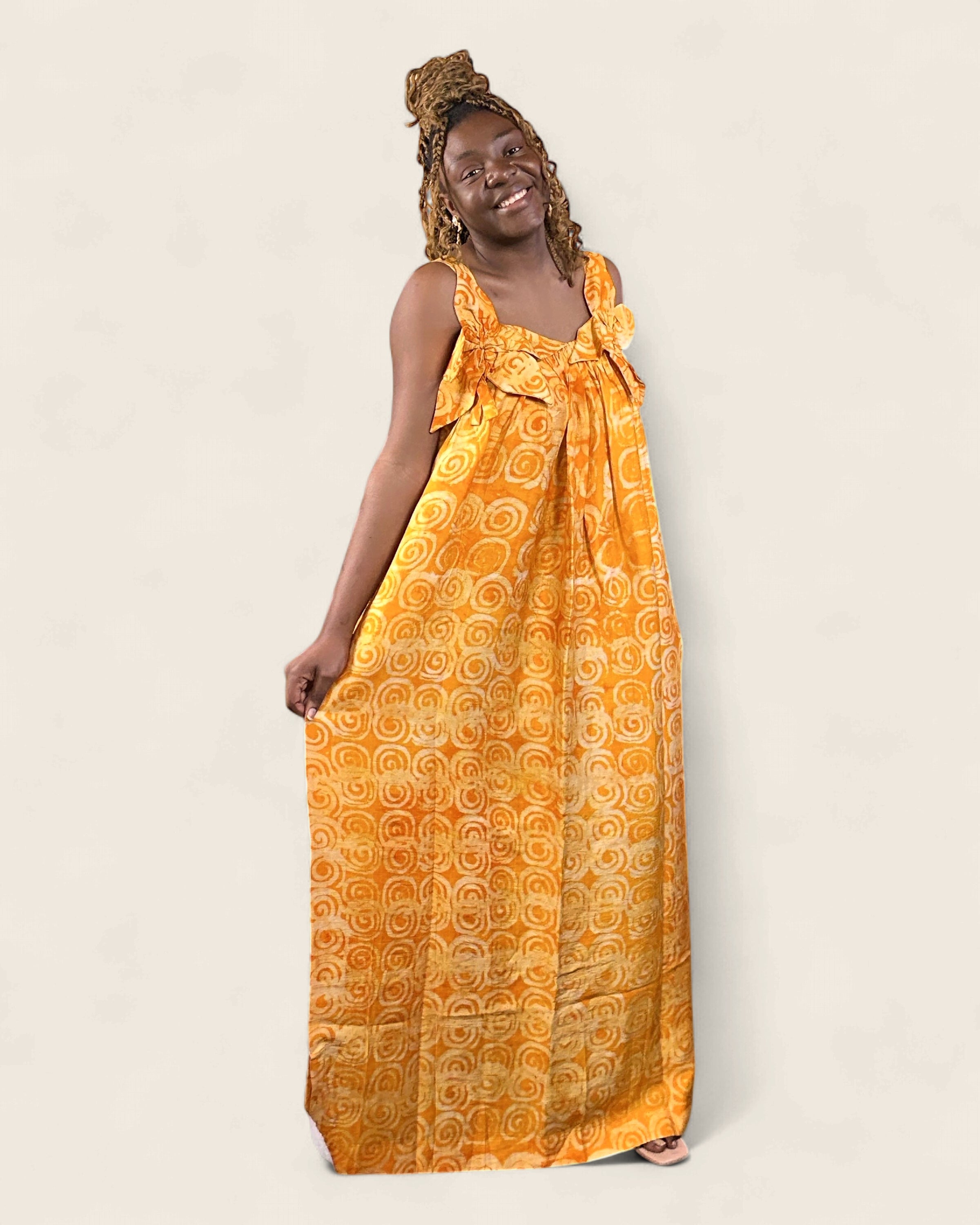 Zaria Saffron — Mustard — african maxi dress in hand-dyed Adire, L'atelier KaAy