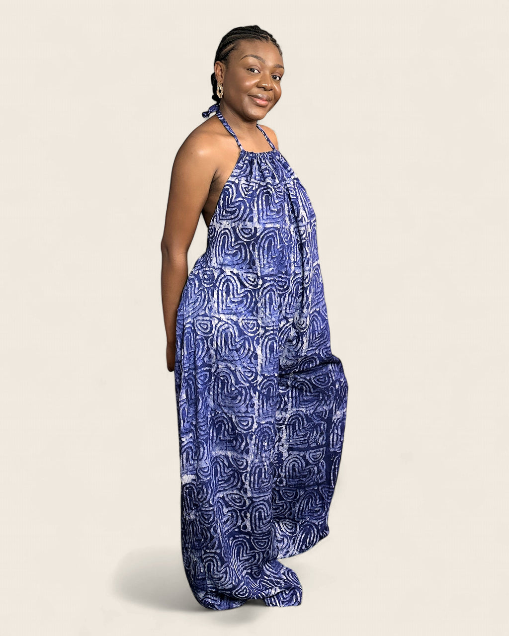 Liyah African Adire palazzo jumpsuit — hand-dyed Adire, back drape, L'atelier KaAy