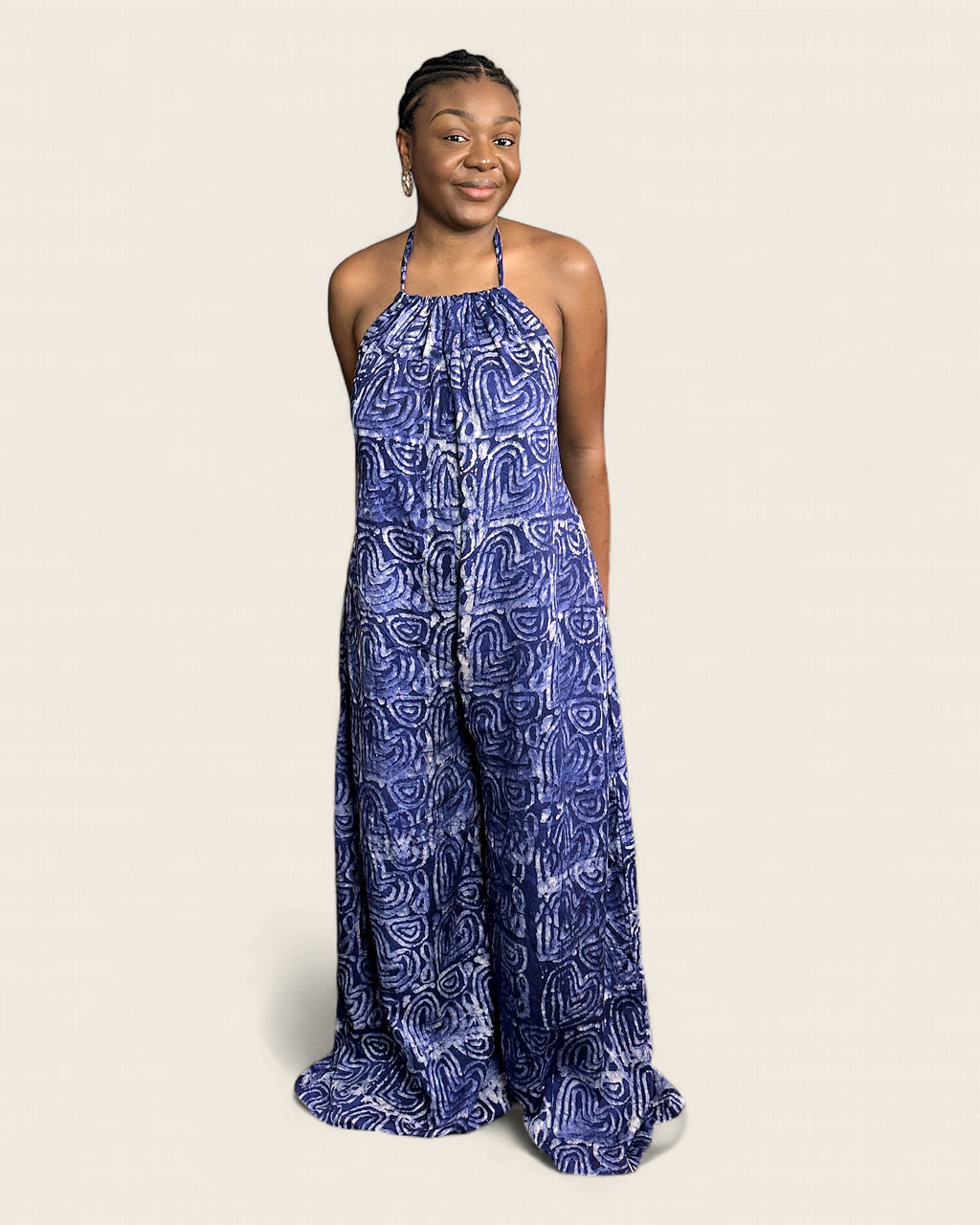 Liyah African Adire palazzo jumpsuit — hand-dyed Adire, fabric detail, L'atelier KaAy