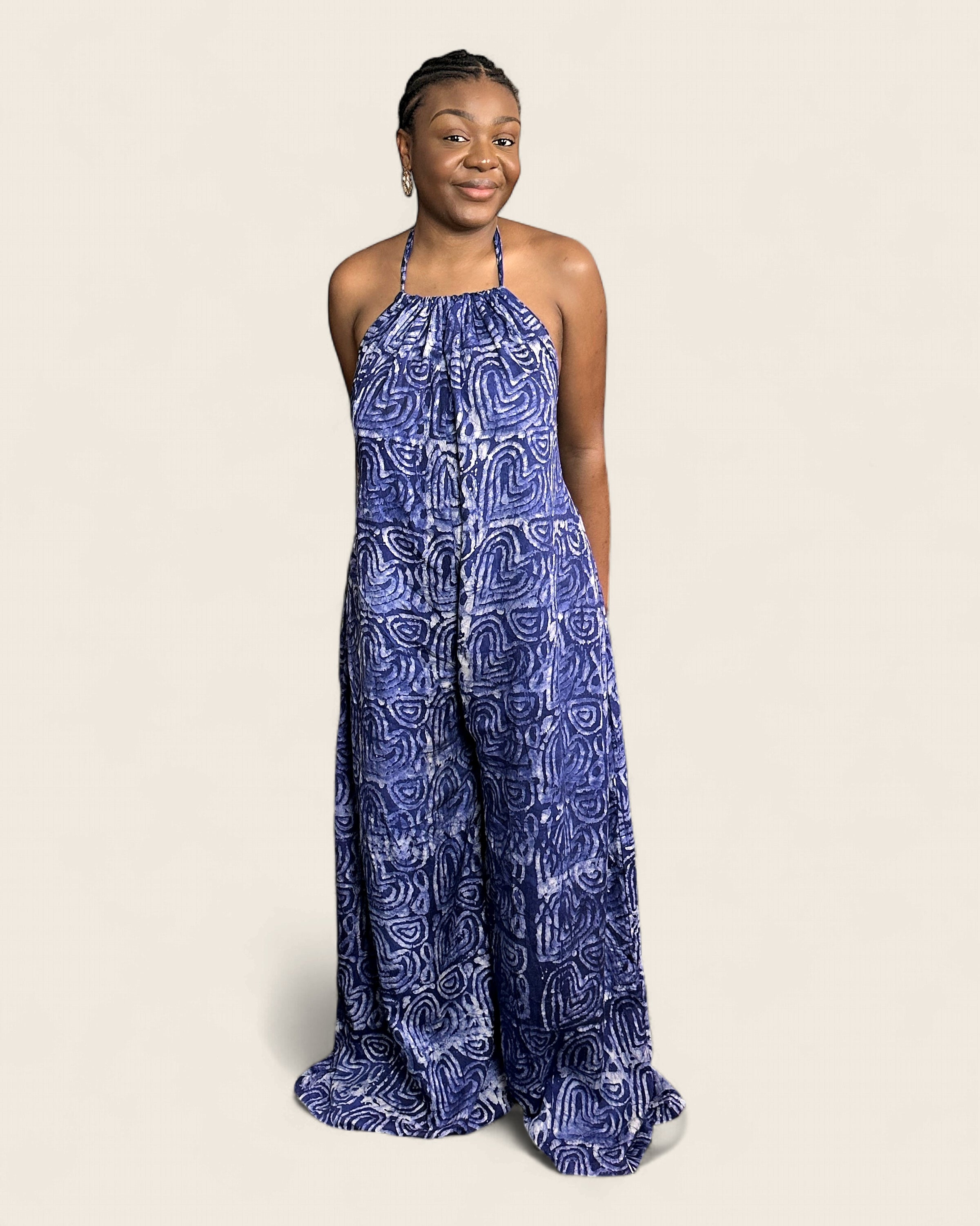 Liyah African Adire palazzo jumpsuit — hand-dyed Adire, fabric detail, L'atelier KaAy