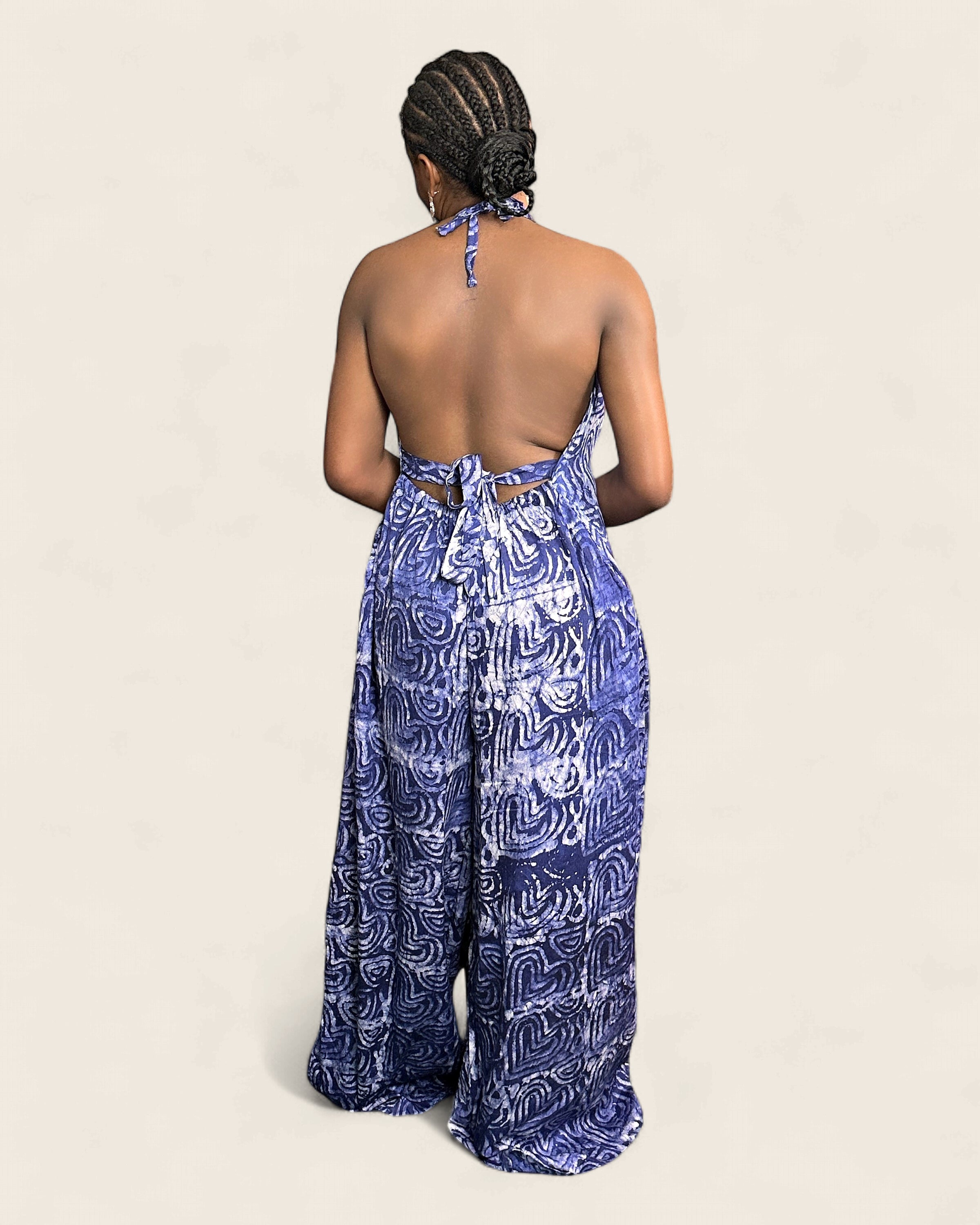 Liyah African Adire palazzo jumpsuit — hand-dyed Adire, editorial lookbook, L'atelier KaAy