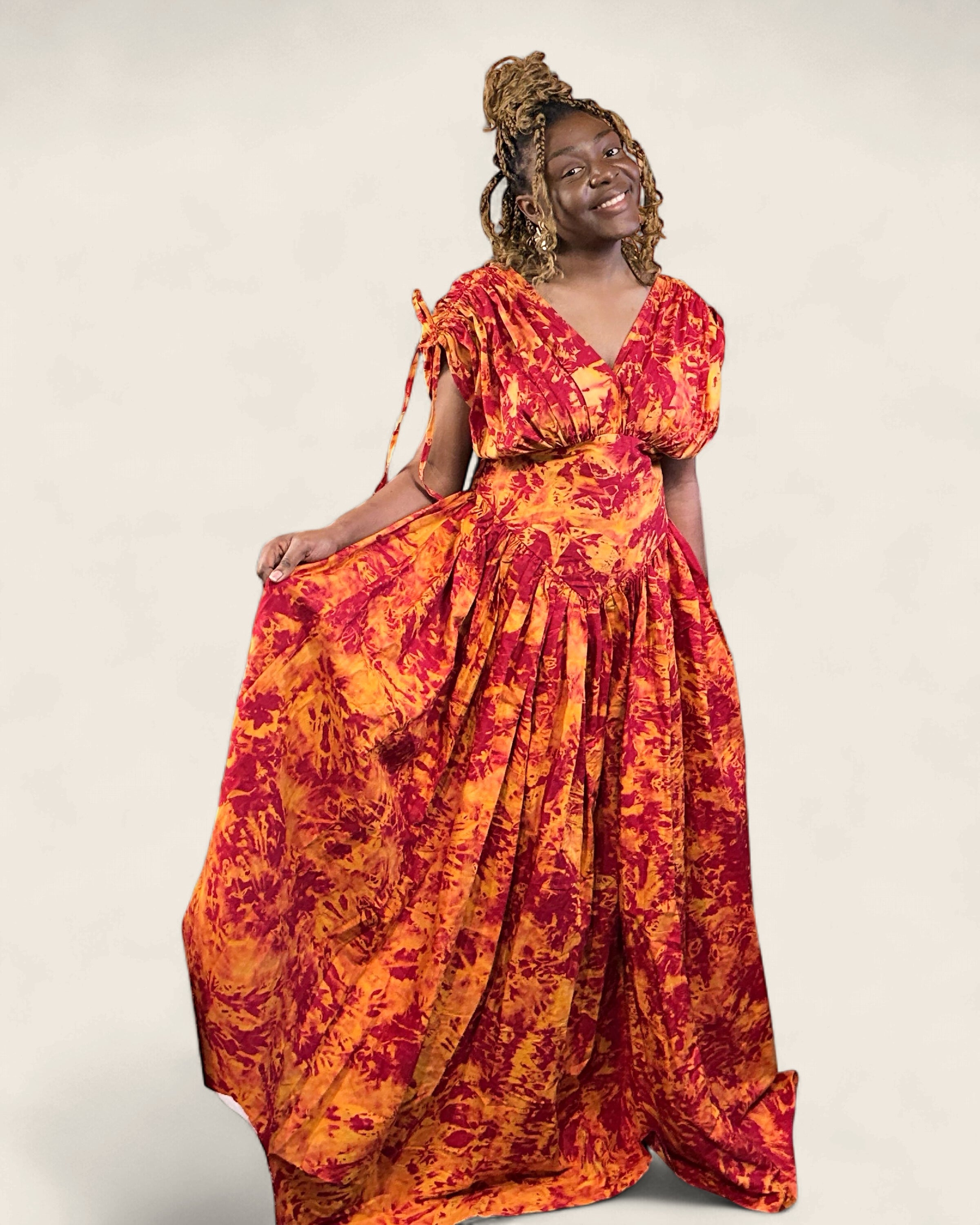 Naylah African african tiered maxi dress — hand-dyed Adire, back drape, L'atelier KaAy