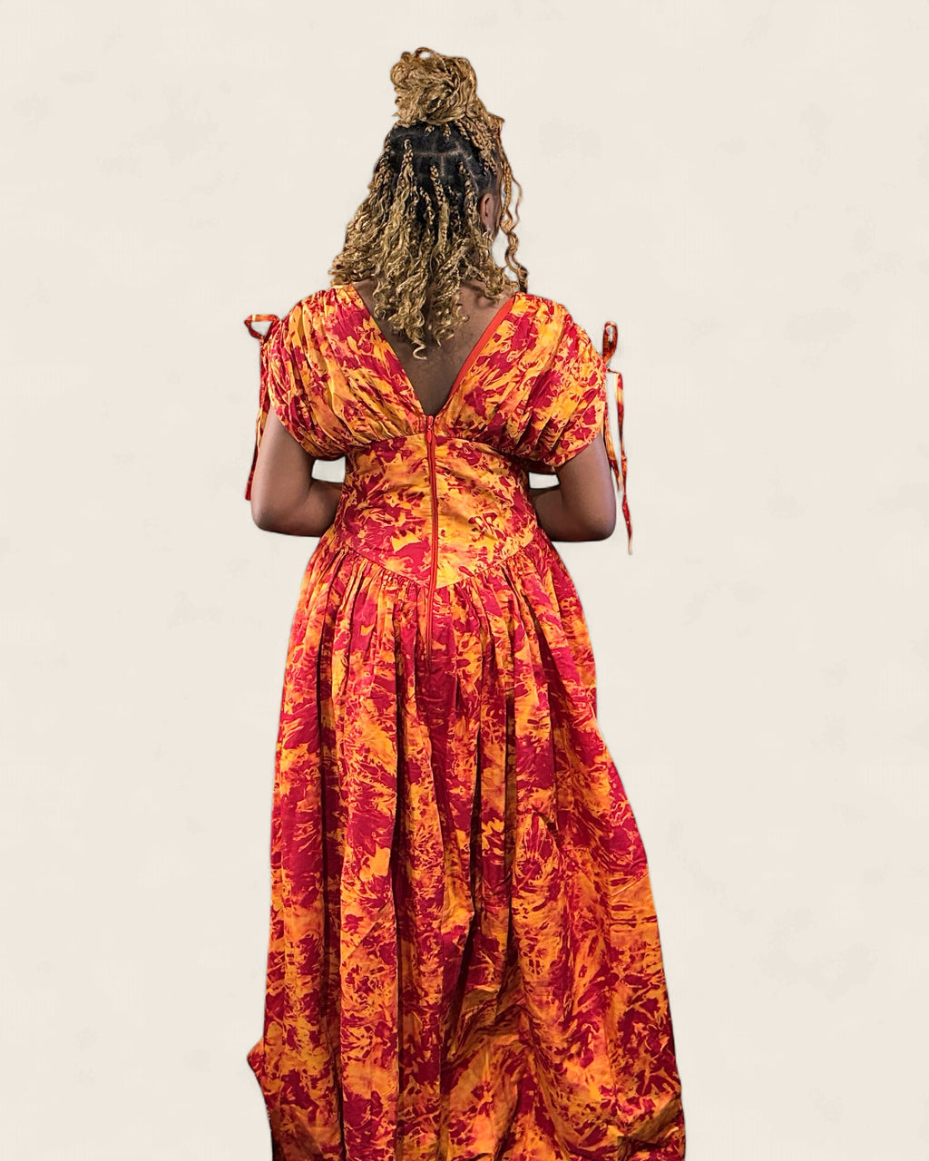 Naylah African african tiered maxi dress — hand-dyed Adire, fabric detail, L'atelier KaAy