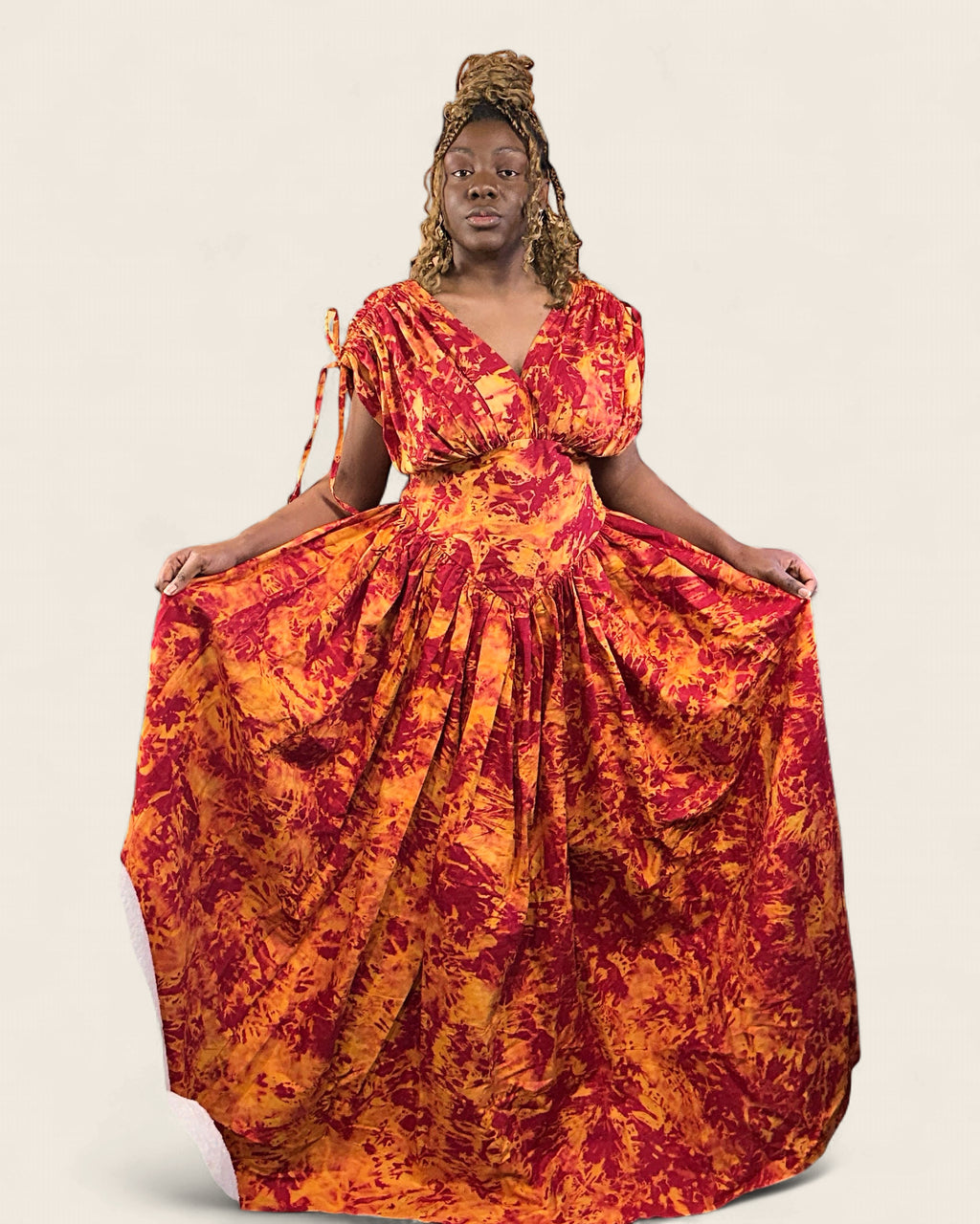 Naylah African african tiered maxi dress — hand-dyed Adire, editorial lookbook, L'atelier KaAy