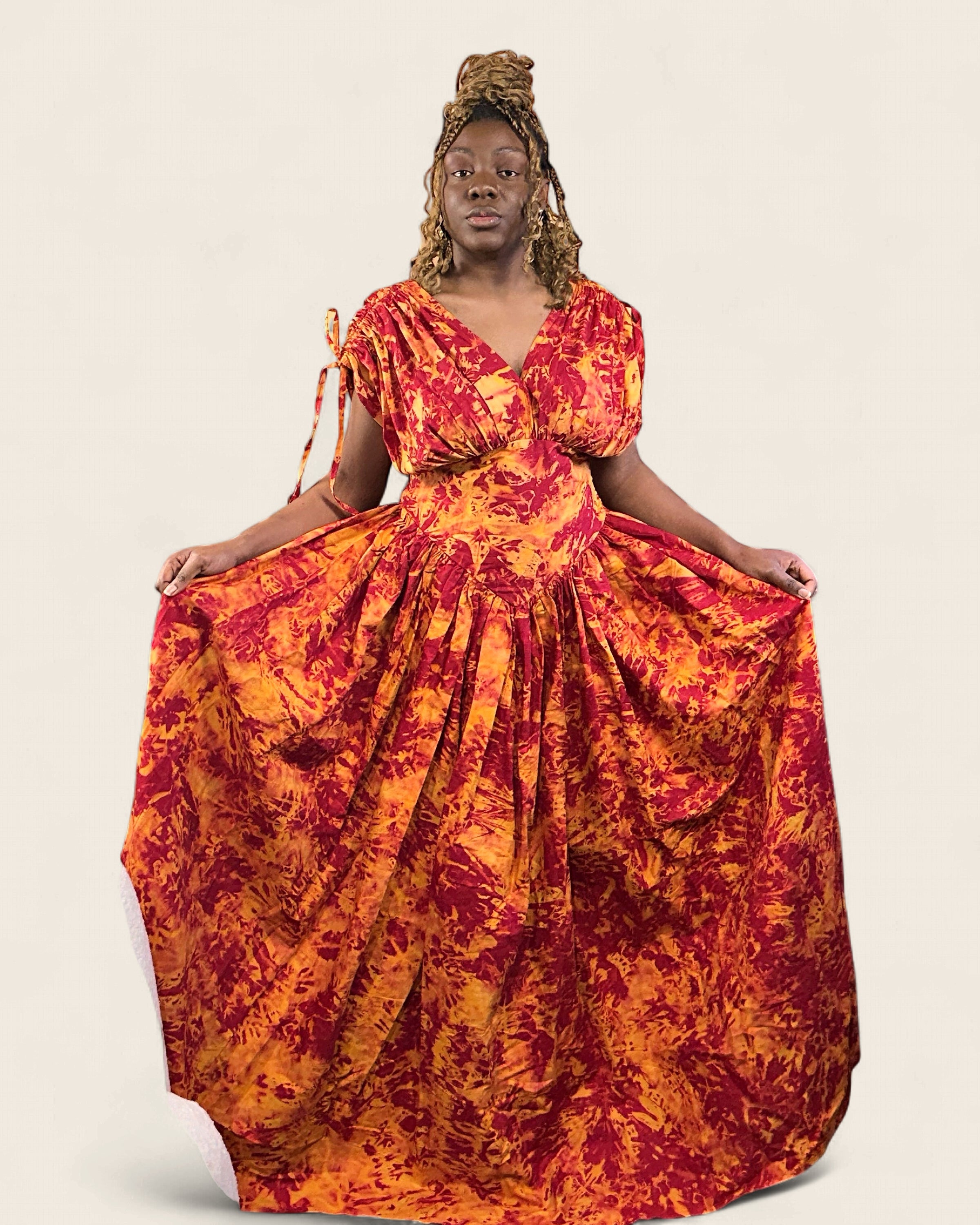 Naylah African african tiered maxi dress — hand-dyed Adire, editorial lookbook, L'atelier KaAy