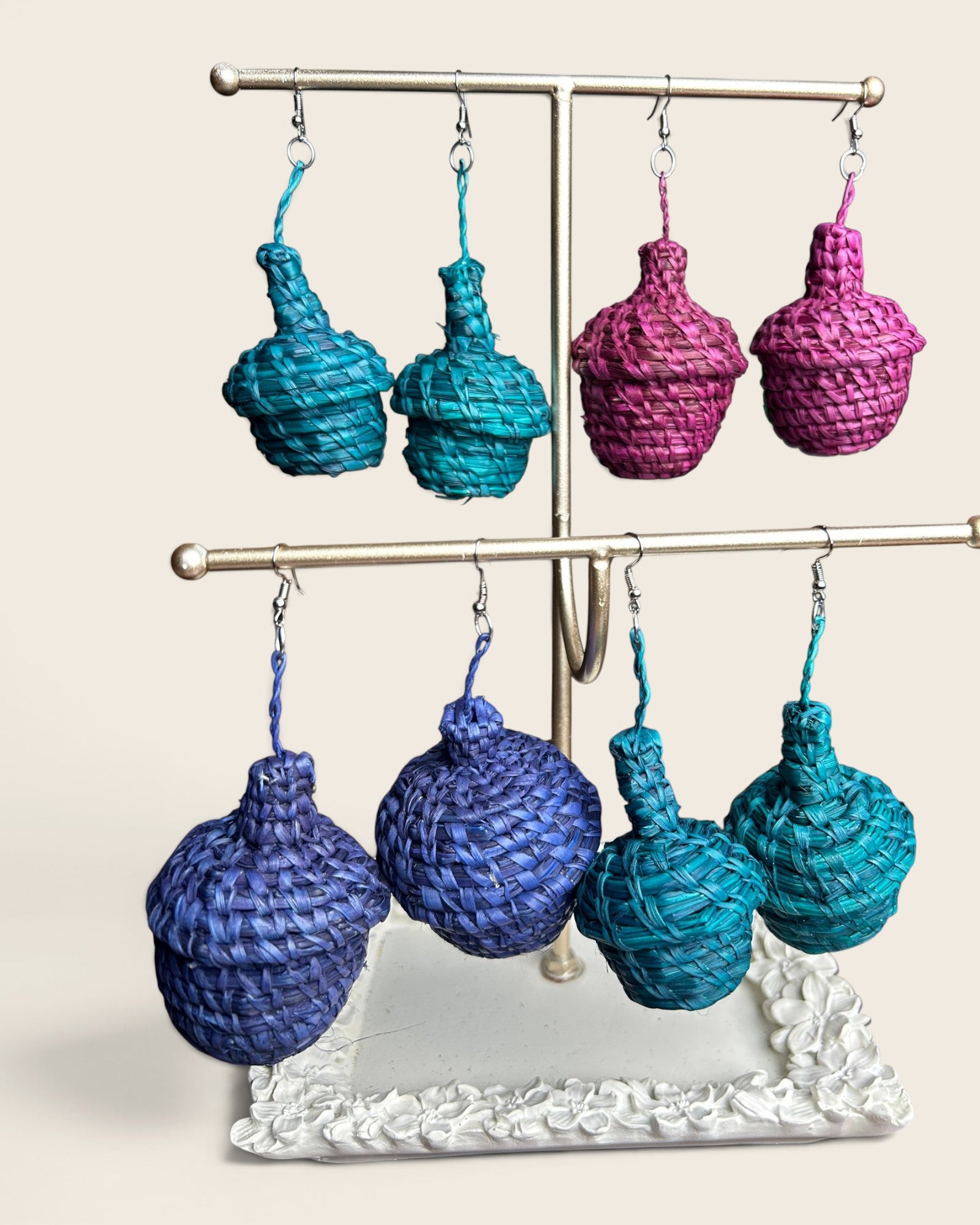 Ayanna tiered raffia basket earrings in Deep Teal, Royal Violet and Berry Burgundy, hand-woven in Nigeria