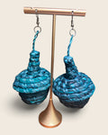 Deep Teal tiered raffia basket earrings, hand-dyed and hand-woven, L'atelier KaAy