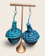 Deep Teal tiered raffia basket earrings, hand-dyed and hand-woven, L'atelier KaAy