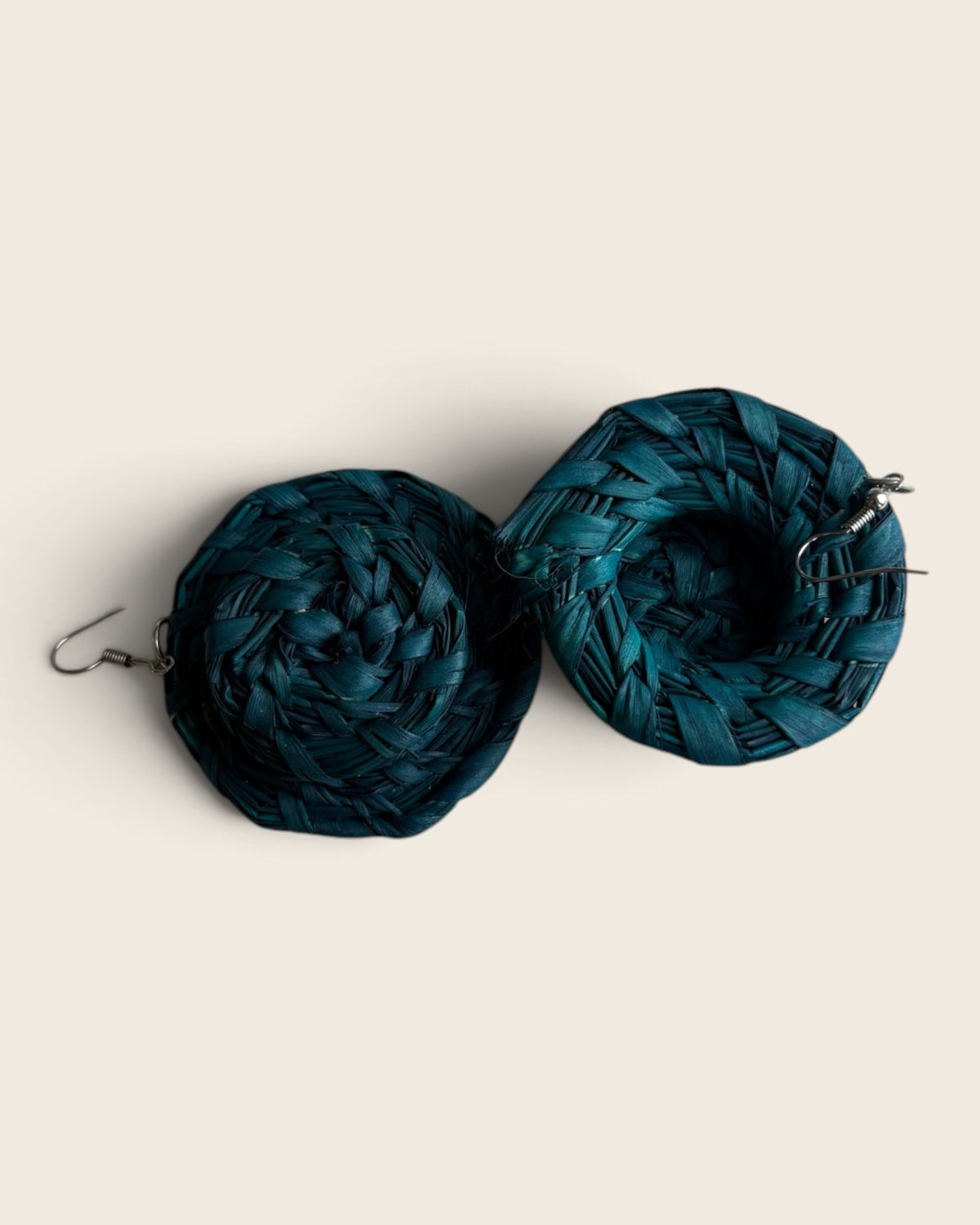 Deep Teal raffia halo earrings showing the coiled spiral and cupped reverse, L'atelier KaAy