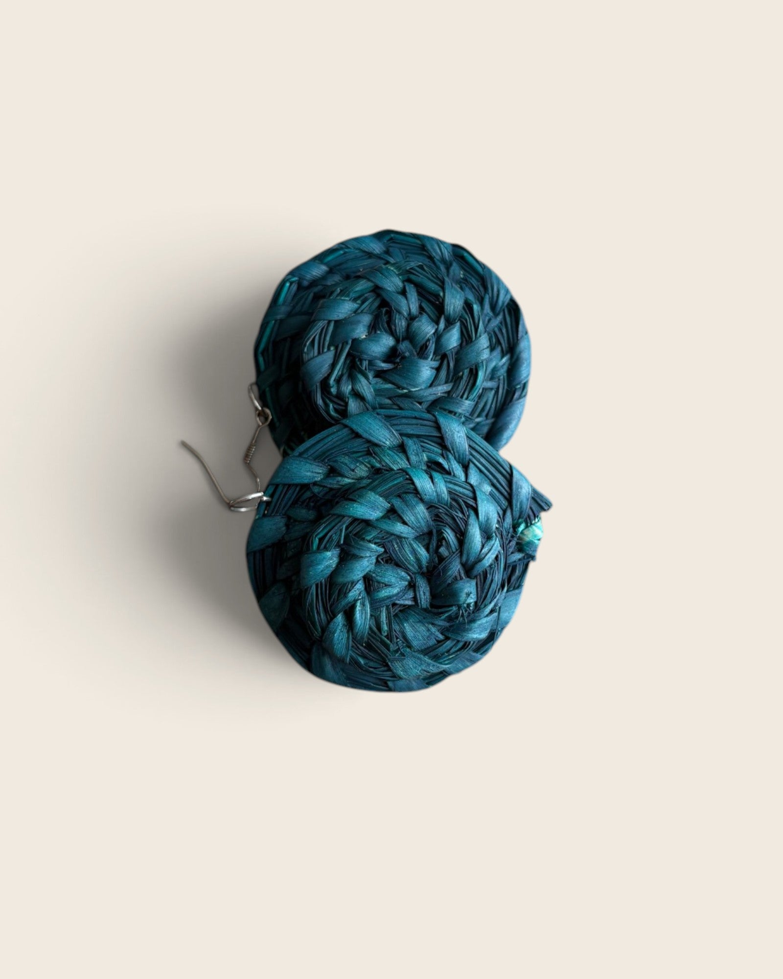 Deep Teal woven raffia halo earrings, hand-dyed and hand-woven, L'atelier KaAy