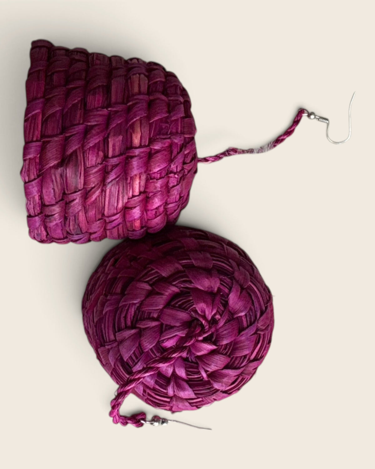 Raspberry Pink raffia bell earrings, hand-dyed and hand-woven, L'atelier KaAy
