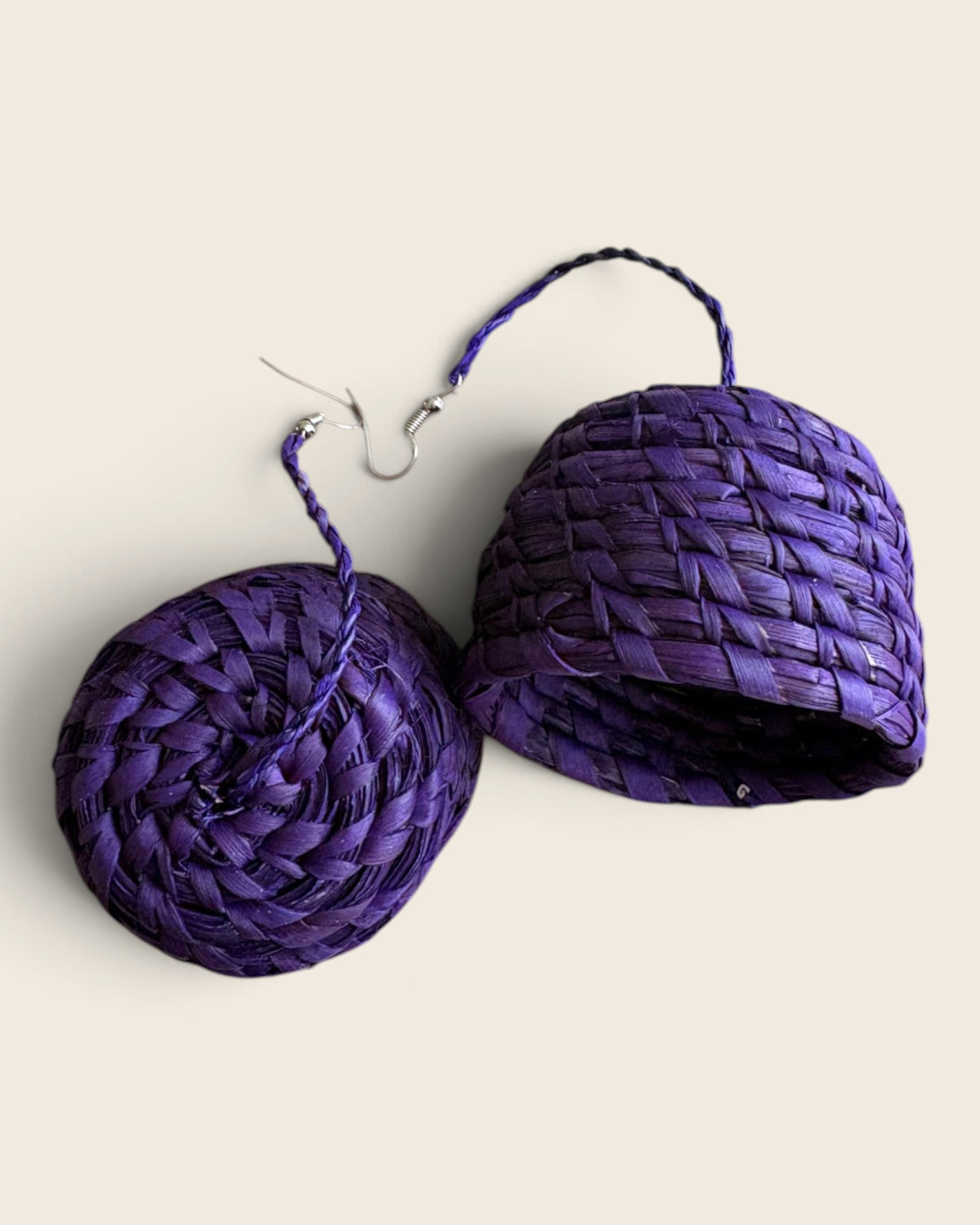 Royal Purple raffia bell earrings, hand-dyed and hand-woven, L'atelier KaAy
