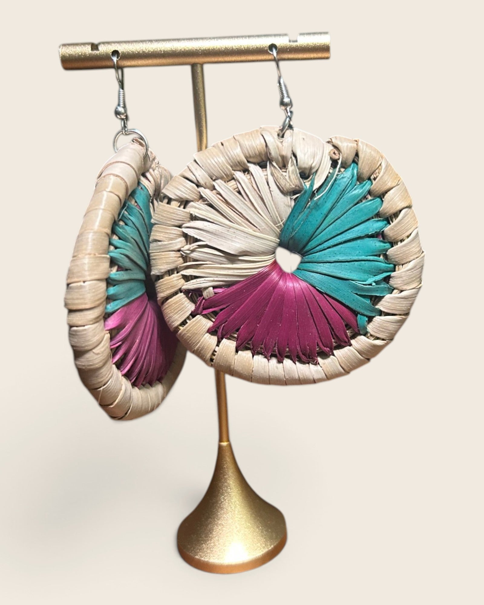 Malachite Teal oversized raffia disc earrings with a hand-dyed teal and magenta fan on natural straw, L'atelier KaAy