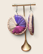 Royal Violet oversized raffia disc earrings with a hand-dyed violet and magenta fan on natural straw, L'atelier KaAy