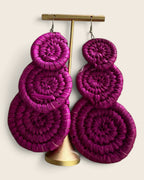 Hibiscus Fuchsia triple disc raffia earrings, hand-dyed and hand-woven, L'atelier KaAy