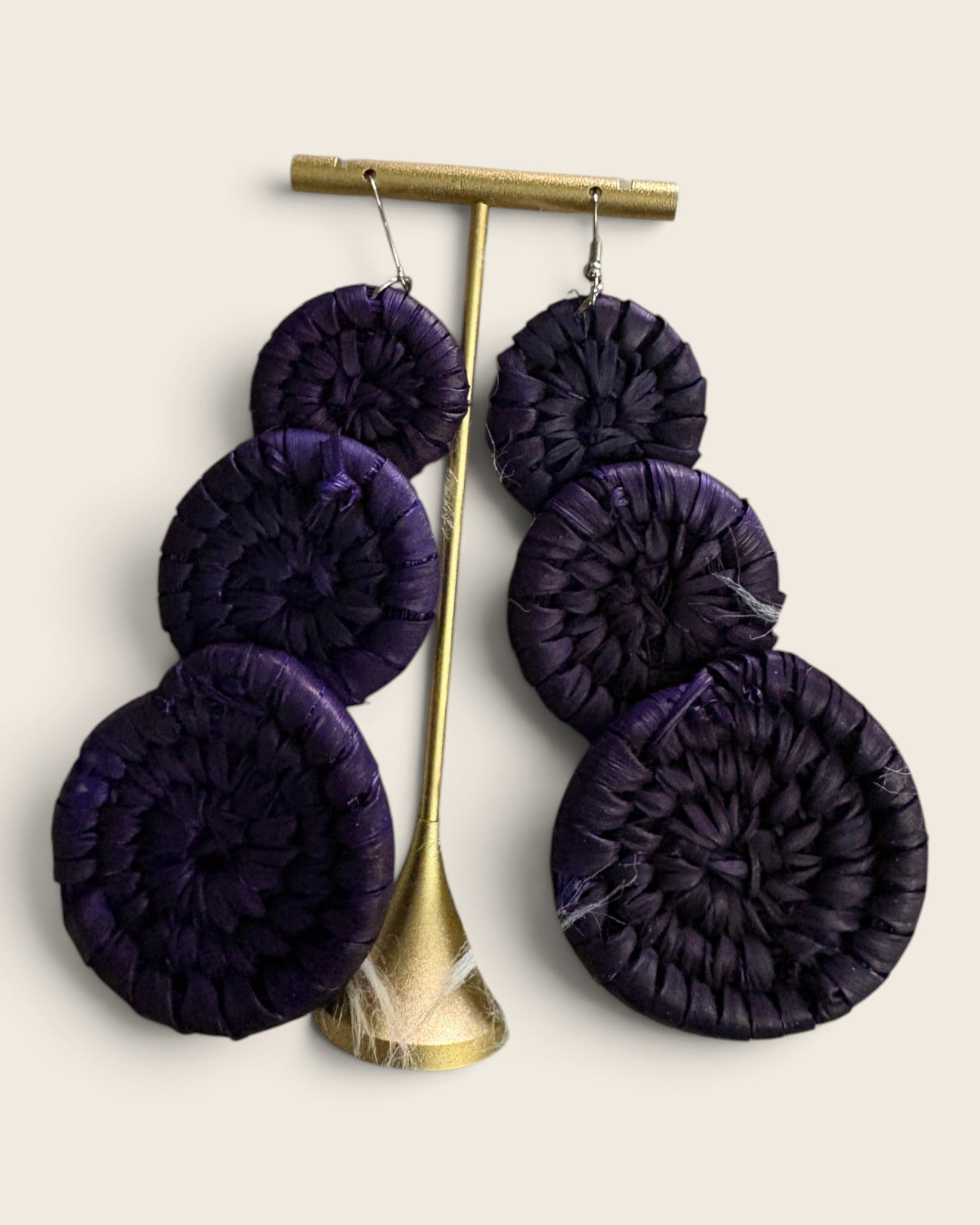 Plum triple disc raffia earrings in deep aubergine, hand-dyed and hand-woven, L'atelier KaAy