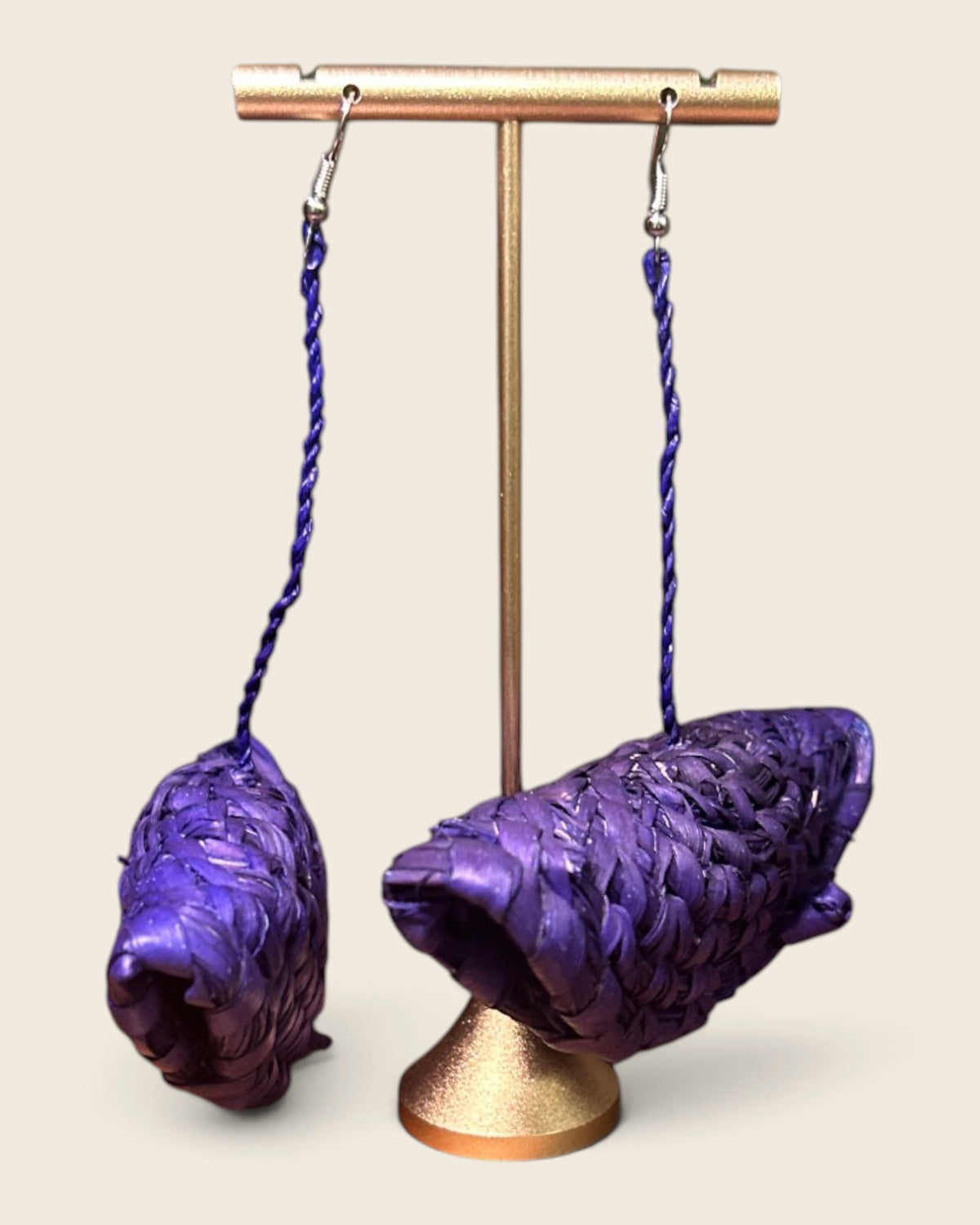 Cobalt Indigo raffia half-moon earrings, hand-dyed and hand-woven, L'atelier KaAy